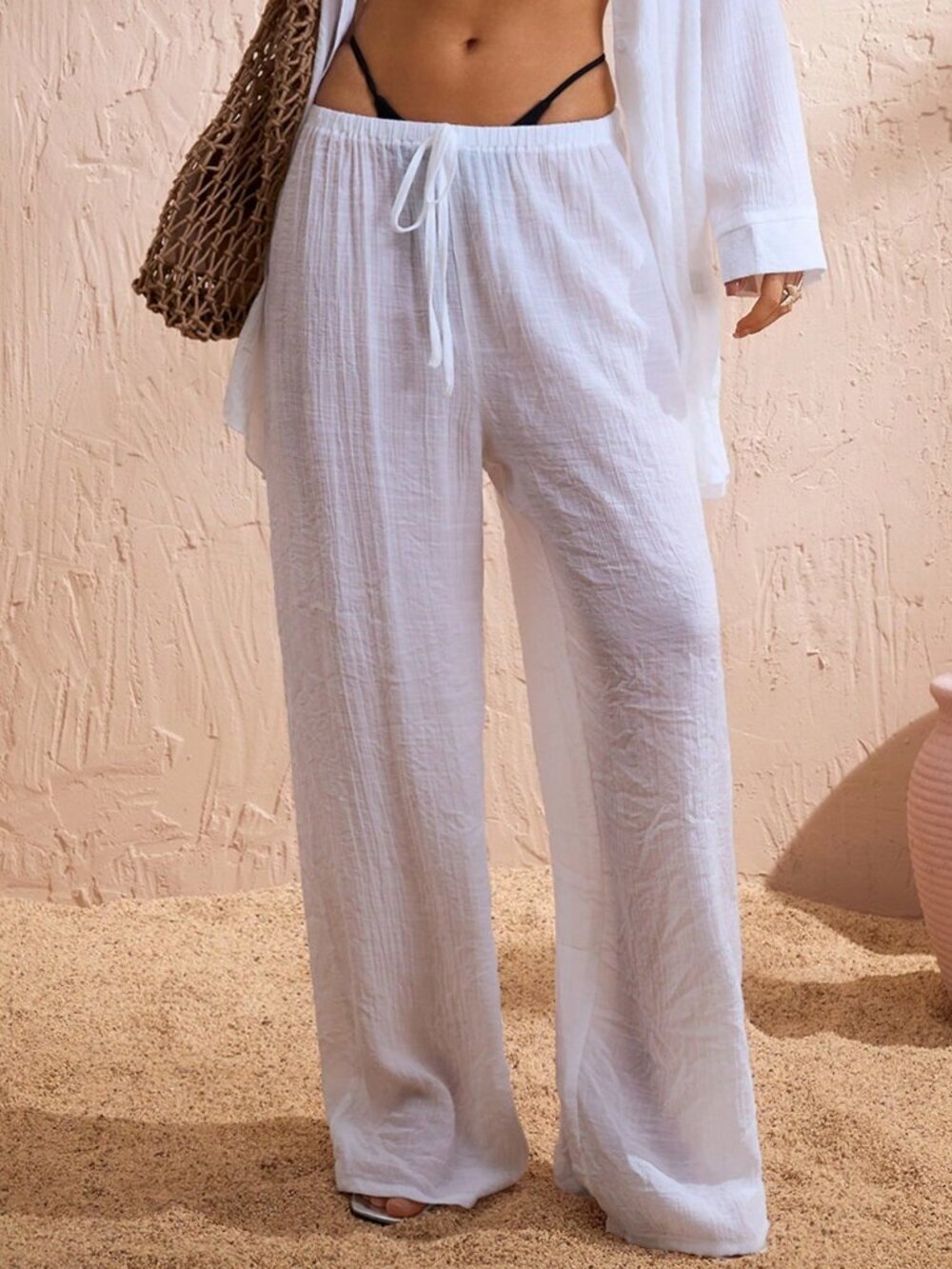 White Women's Beach Tie Waist Wide Leg Pants